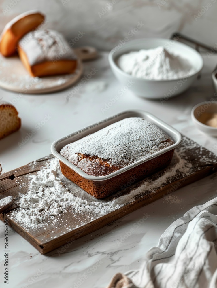 Loaf of bread on cutting board with powdered sugar sweet delight for artisan food lovers Loaf of bread on cutting board with powdered sugar sweet delight for artisan food lovers