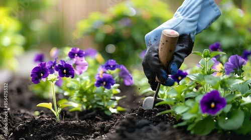 A woman in gardening gloves is planting flowering petunia seedlings in black soil with hand trowel Gardening and landscaping work on the neat flower bed in spring : Generative AI photo