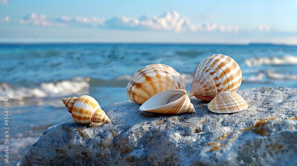 shells collected on the beach representing a family A seashell on a rock on the beach with blue skies and blue water in background bright big striped shell with another little differen : Generative AI shells collected on the beach representing a family A seashell on a rock on the beach with blue skies and blue water in background bright big striped shell with another little differen : Generative AI