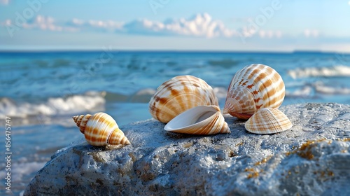 shells collected on the beach representing a family A seashell on a rock on the beach with blue skies and blue water in background bright big striped shell with another little differen : Generative AI