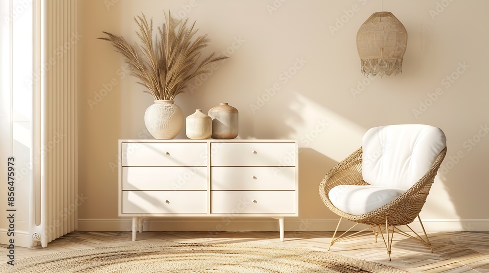 Modern light white beige commode with stylish decoration standing on wooden heated floor empty dwelling with contemporary interior design Apartment for rent Advertising of cozy home fo : Generative AI Modern light white beige commode with stylish decoration standing on wooden heated floor empty dwelling with contemporary interior design Apartment for rent Advertising of cozy home fo : Generative AI