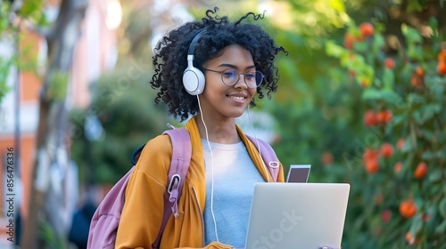 Energetic Young Lady Studying Outdoors Holding Gadgets Assured woman student with laptop headphones and phone posing at campus symbolizing ease and confidence in her educational journe : Generative AI photo