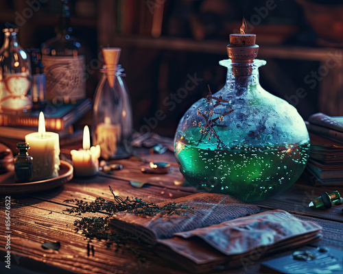 Obraz na płótnie Bubbling witch's potion with green liquid, spell books, candles, and herbs on rustic table. w salonie