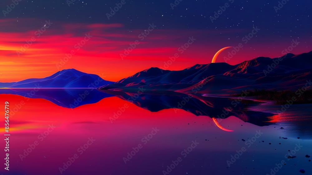 Fototapeta premium Abstract red and blue sky, starry night, crescent moon, reflection of the water surface on the lake shore, mountains in the background, horizon line, colorful, smooth lines