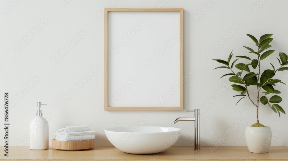 Fototapeta premium Minimalist Bathroom Interior with Wooden Frame, White Sink, and Green Plant on Wooden Countertop