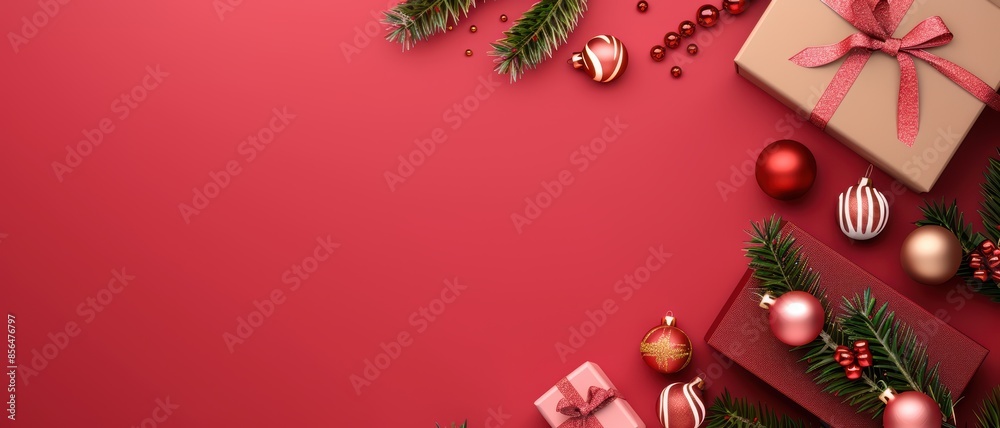 Christmas holiday banner with gifts and ornaments on flat red background, Christmas holiday banner with gifts and ornaments on flat red background,