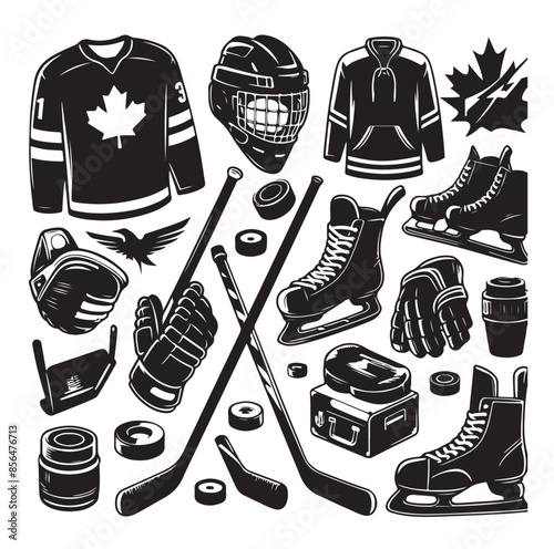 Photography Set of ice hockey player and equipment icon