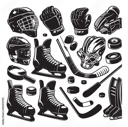Set of ice hockey player and equipment icon. Vector illustration. Set include: player, helmet, sticks, goalkeeper, puck and skates silhouettes. Elements for badge, logo design
