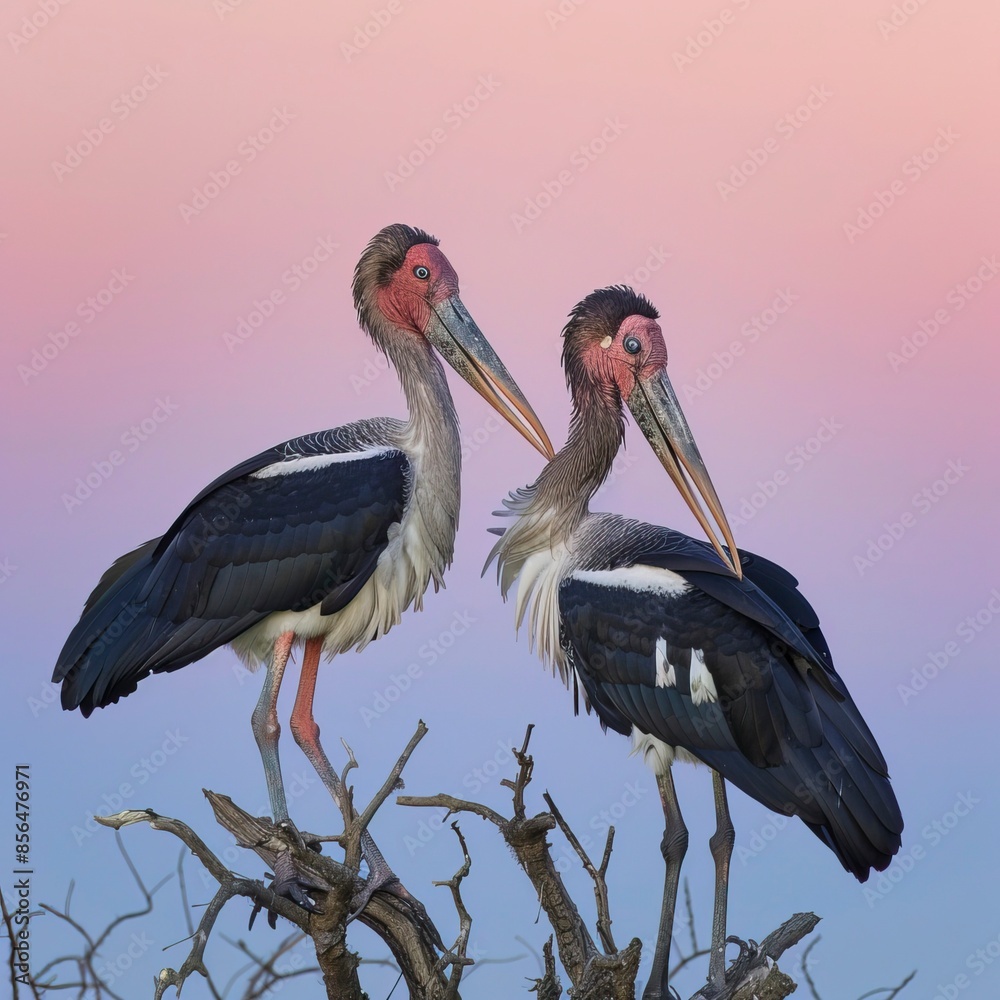 Fototapeta premium Marabou storks standing in a dry dead tree, twilight light and clear sky 