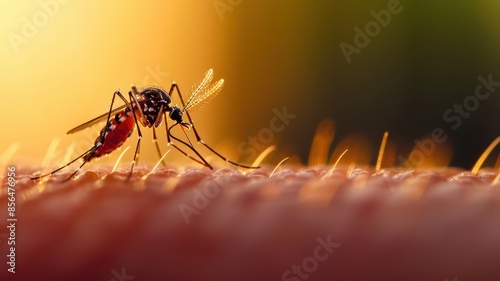 Close-up of a mosquito on skin, biting and feeding, with detailed textures and shallow depth of field photo