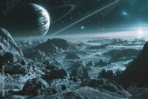 Surreal Space Landscape with Vibrant Nebula and Stars