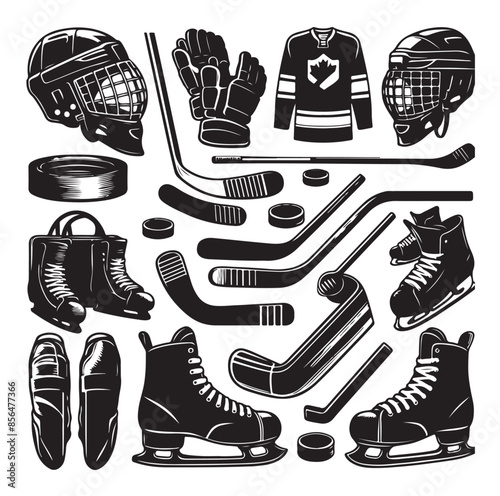Wallpaper Mural Set of ice hockey player and equipment icon. Vector illustration. Set include: player, helmet, sticks, goalkeeper, puck and skates silhouettes. Elements for badge, logo design Torontodigital.ca