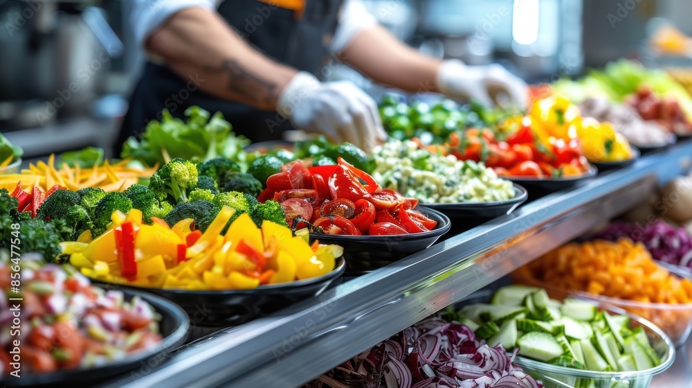 A vibrant salad bar featuring a variety of fresh vegetables, including bell peppers, tomatoes, broccoli, and cucumbers. A vibrant salad bar featuring a variety of fresh vegetables, including bell peppers, tomatoes, broccoli, and cucumbers.