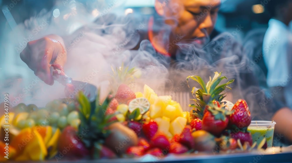 The air is filled with the enticing aromas of fresh fruits as competitors chop and squeeze ingredients for their exotic juice creations. The air is filled with the enticing aromas of fresh fruits as competitors chop and squeeze ingredients for their exotic juice creations.