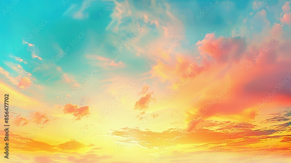 Obraz premium Ethereal Dreamy Summer Sunset Sky: Fantasy Panoramic with Gradient Rich Colors of Blue, Orange, and Yellow