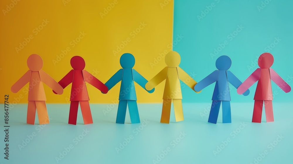 Colorful Paper Cutout Figures Holding Hands on Bright Background Colorful Paper Cutout Figures Holding Hands on Bright Background