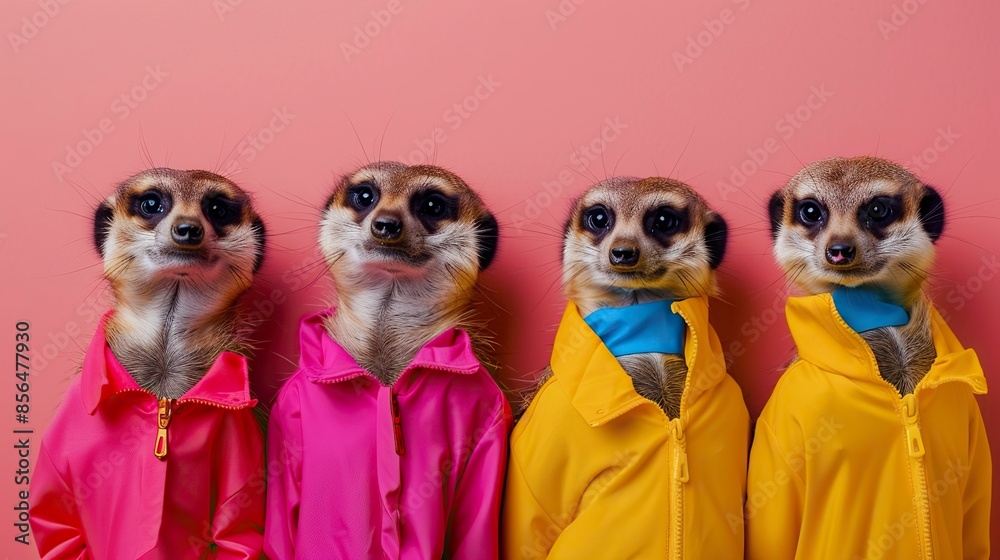 Fototapeta premium Creative animal concept. Meerkat in a group, vibrant bright fashionable outfits isolated on solid background