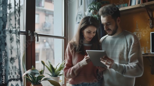 Happy millennial european guy and lady near window typing on digital tablet planning new interior in empty room Moving renting house buying own apartment and device Couple search shipp : Generative AI