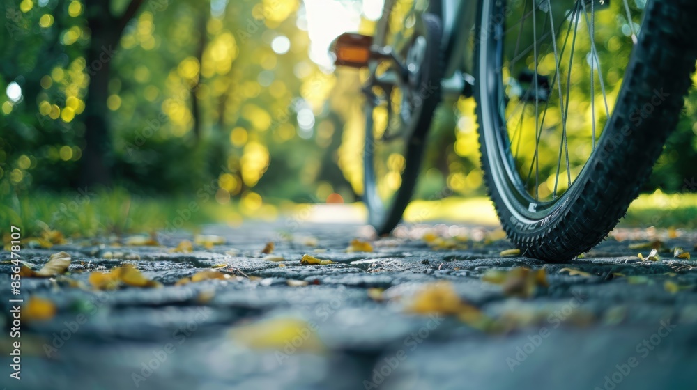 Naklejka premium Close-up of a bicycle wheel on a leafy path in a sunlit park, capturing the essence of outdoor cycling.