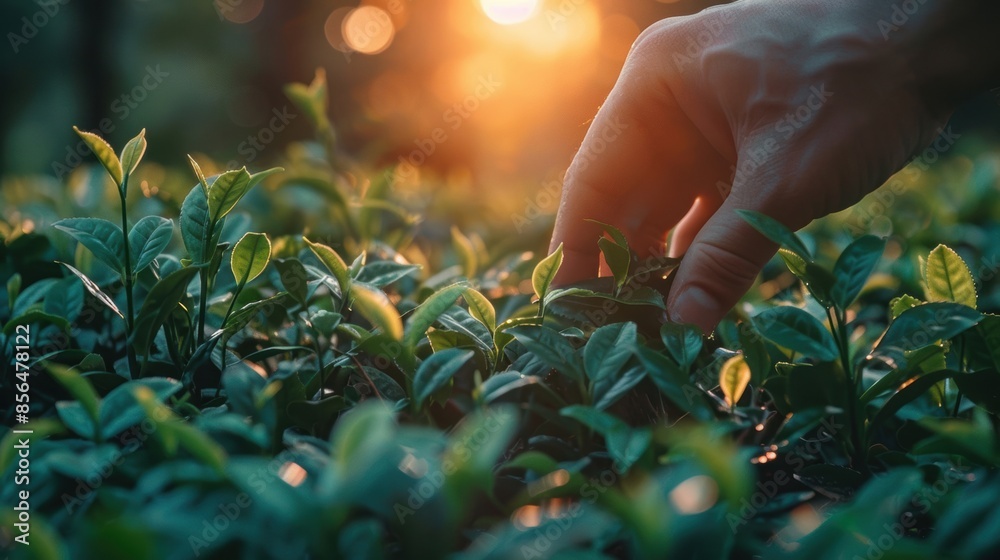 Fototapeta premium A hand picking fresh tea leaves at sunrise, capturing the serene and natural beauty of early morning harvesting.