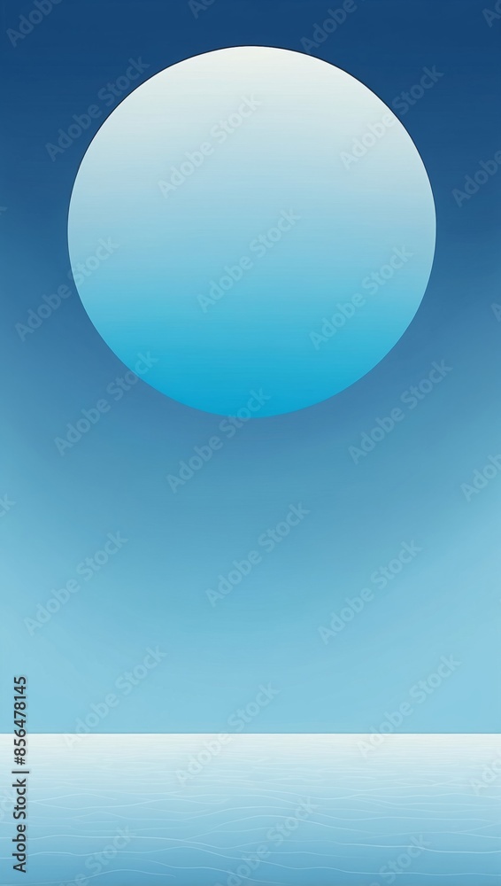 An illustration of a large blue circle in a blue sky above a calm, blue sea An illustration of a large blue circle in a blue sky above a calm, blue sea