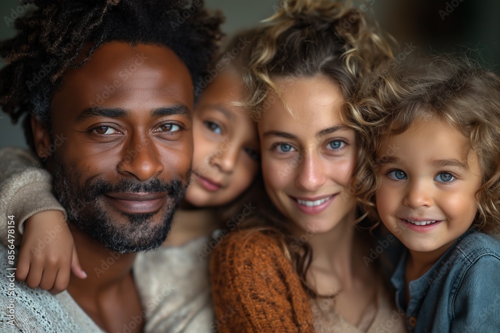 A family of four, including a man and three children, are smiling A family of four, including a man and three children, are smiling