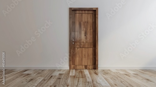 Closed wooden door inside empty room at perspective view Entrance of room inside house building Include wooden floor or laminate white gray wall New clean surface of wooden texture loo : Generative AI photo