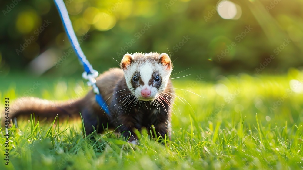 Pet ferret on leash walking on grass Pet ferret on leash walking on grass