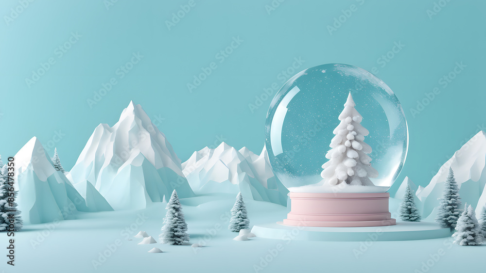 Obraz premium A snow globe with a tree inside it sits on a stage in front of a mountain range