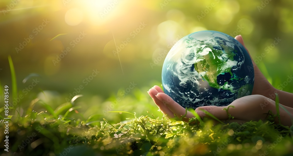 Hands cradling earth on grass. Hands cradling earth on grass.
