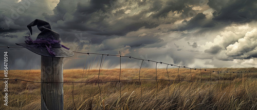 Stormy field scene with witch's hat on fencepost, cloudy sky, wind, dramatic lighting, shadows. photo