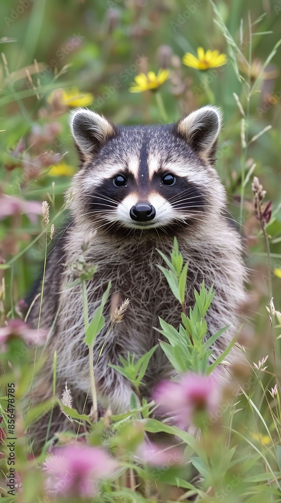 Raccoon in open field, merkat, suricato Raccoon in open field, merkat, suricato