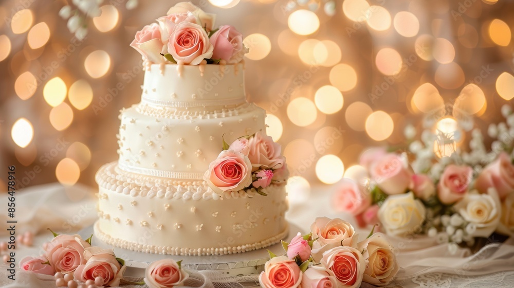 A beautifully decorated wedding cake adorned with pink roses, set against a warm bokeh background, creating a romantic and festive ambiance. A beautifully decorated wedding cake adorned with pink roses, set against a warm bokeh background, creating a romantic and festive ambiance.