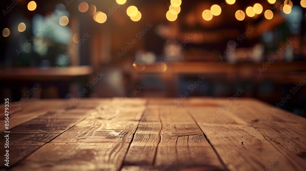 Wooden board empty table background abstract blurred cafe background : Generative AI Wooden board empty table background abstract blurred cafe background : Generative AI