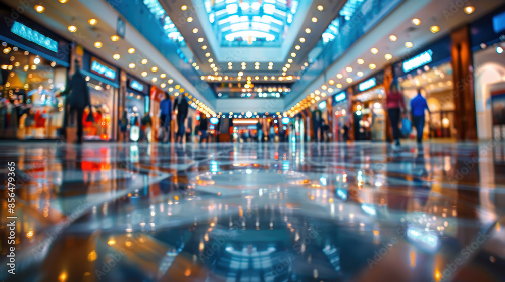A vibrant shopping mall interior with shoppers walking by various stores, capturing the essence of modern retail experiences.