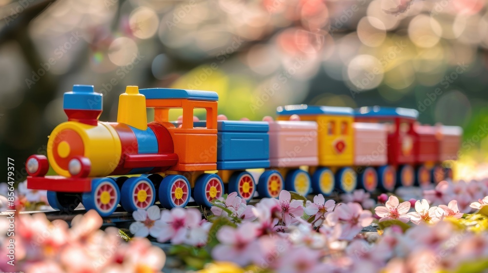 Fototapeta premium A brightly colored toy train sits on a flower bed, creating a whimsical and playful scene in an outdoor setting.