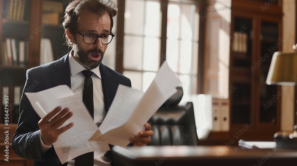 Excited Male Lawyer Reading Legal Documents in Office before Court : Generative AI
