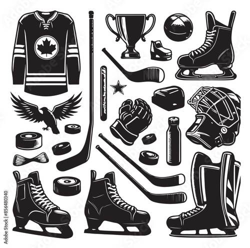 Set of ice hockey player and equipment icon. Vector illustration. Set include: player, helmet, sticks, goalkeeper, puck and skates silhouettes. Elements for badge, logo design