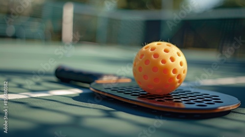 Pickleball Racket and Ball on Court Surface under Sunlit Shadows photo