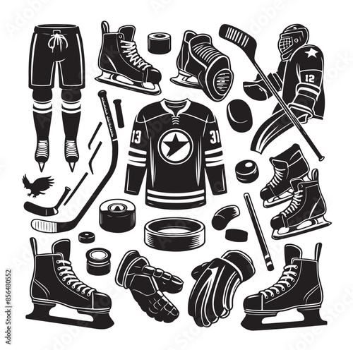 Set of ice hockey player and equipment icon. Vector illustration. Set include: player, helmet, sticks, goalkeeper, puck and skates silhouettes. Elements for badge, logo design