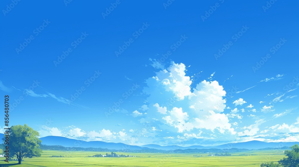 Tranquil Summer Landscape with Blue Skies and Fluffy Clouds Tranquil Summer Landscape with Blue Skies and Fluffy Clouds
