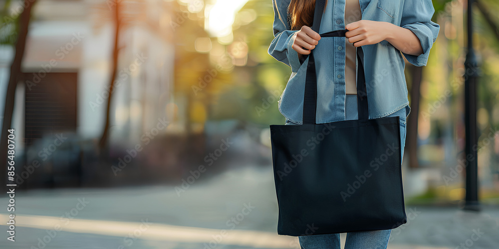 Mockup of a woman carrying a black environmentally friendly cotton bag Mockup of a woman carrying a black environmentally friendly cotton bag
