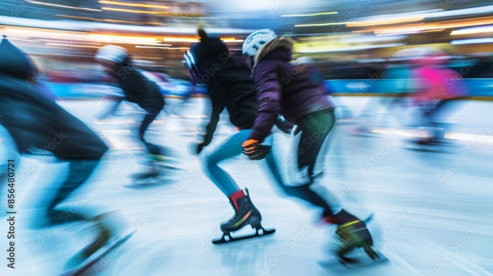 A blur of energy and excitement as skaters race through the rink chasing each others trails. A blur of energy and excitement as skaters race through the rink chasing each others trails.