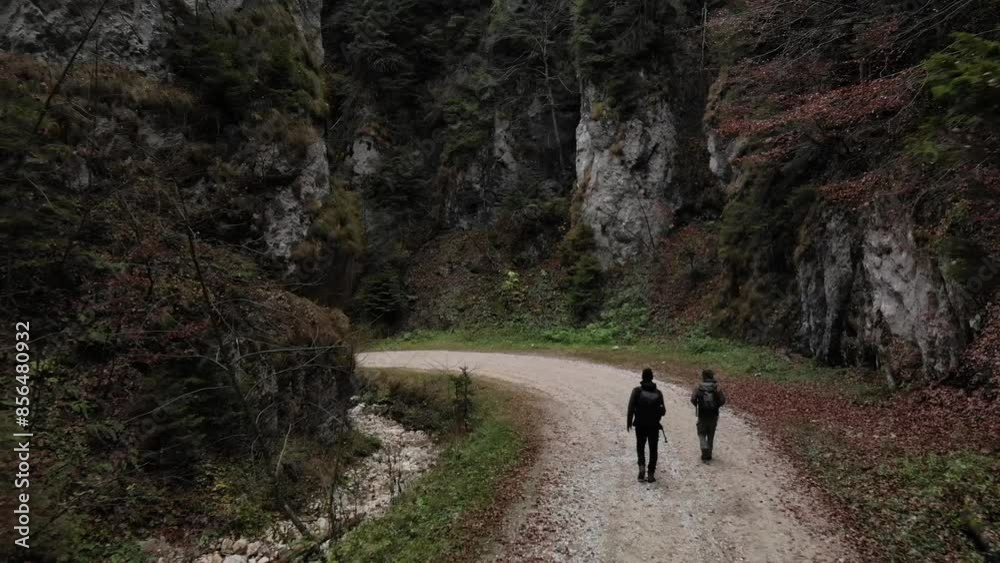 Romania, Romanian Carpathians - high rock walls of the Zarnesti Gorge and a wandering tourist Romania, Romanian Carpathians - high rock walls of the Zarnesti Gorge and a wandering tourist