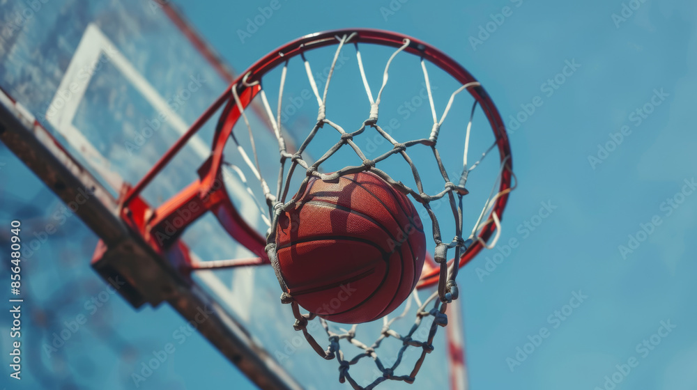 Basketball Swish Moment Captured Mid-Air in Bright Blue Sky Basketball Swish Moment Captured Mid-Air in Bright Blue Sky