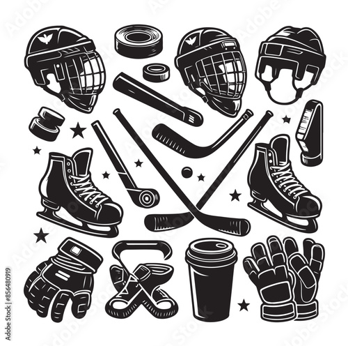 Set of ice hockey player and equipment icon. Vector illustration. Set include: player, helmet, sticks, goalkeeper, puck and skates silhouettes. Elements for badge, logo design