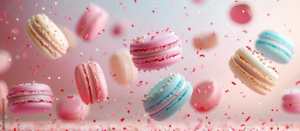 A close up of a variety of colorful macarons with sprinkles A close up of a variety of colorful macarons with sprinkles