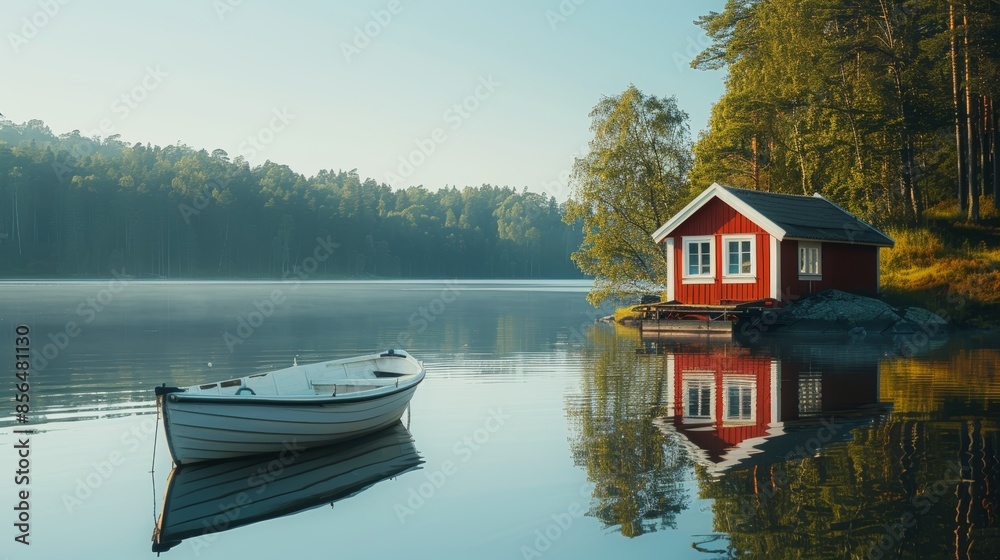 Serene Lakefront Retreat with Boat and Red Cabin at Sunrise Serene Lakefront Retreat with Boat and Red Cabin at Sunrise