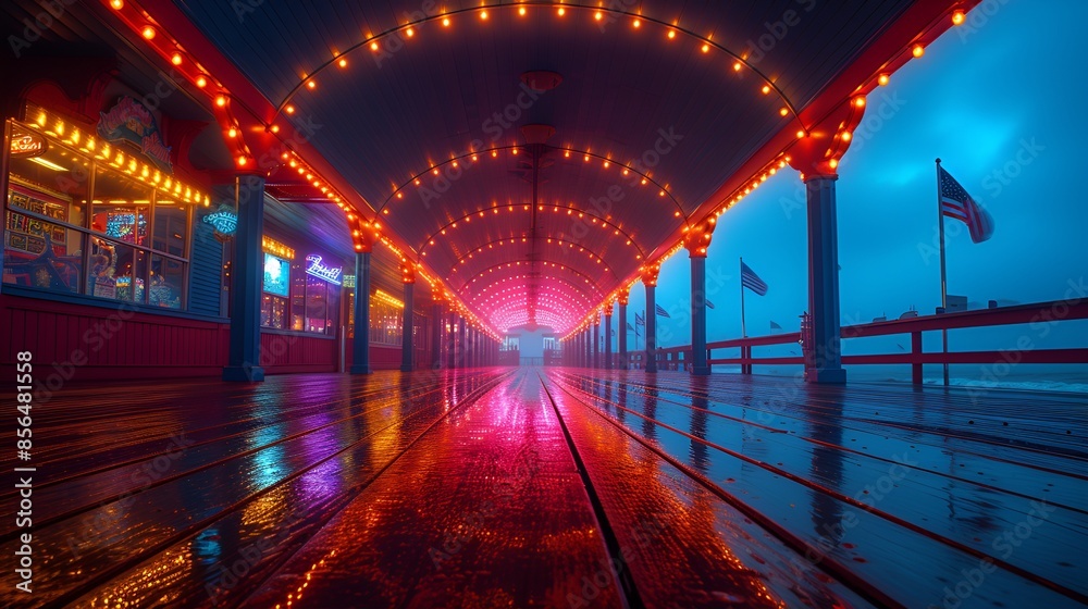 Seaside boardwalk - ocean - arcade - ocean resort town - neon lighting at night Seaside boardwalk - ocean - arcade - ocean resort town - neon lighting at night