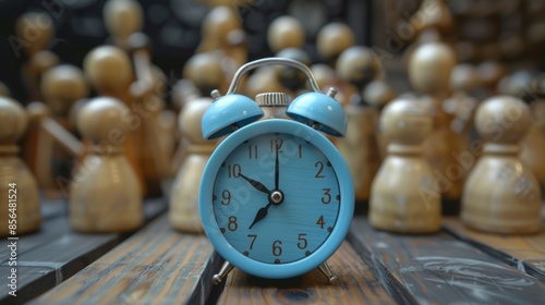 Vintage Blue Alarm Clock Among Wooden Chess Pieces photo